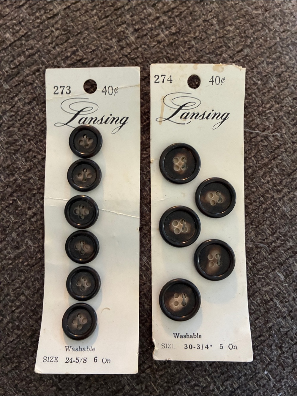 Vintage Lansing Black Plastic Washable Buttons NOS Lot of 2 Cards 5/8" & 3/4"